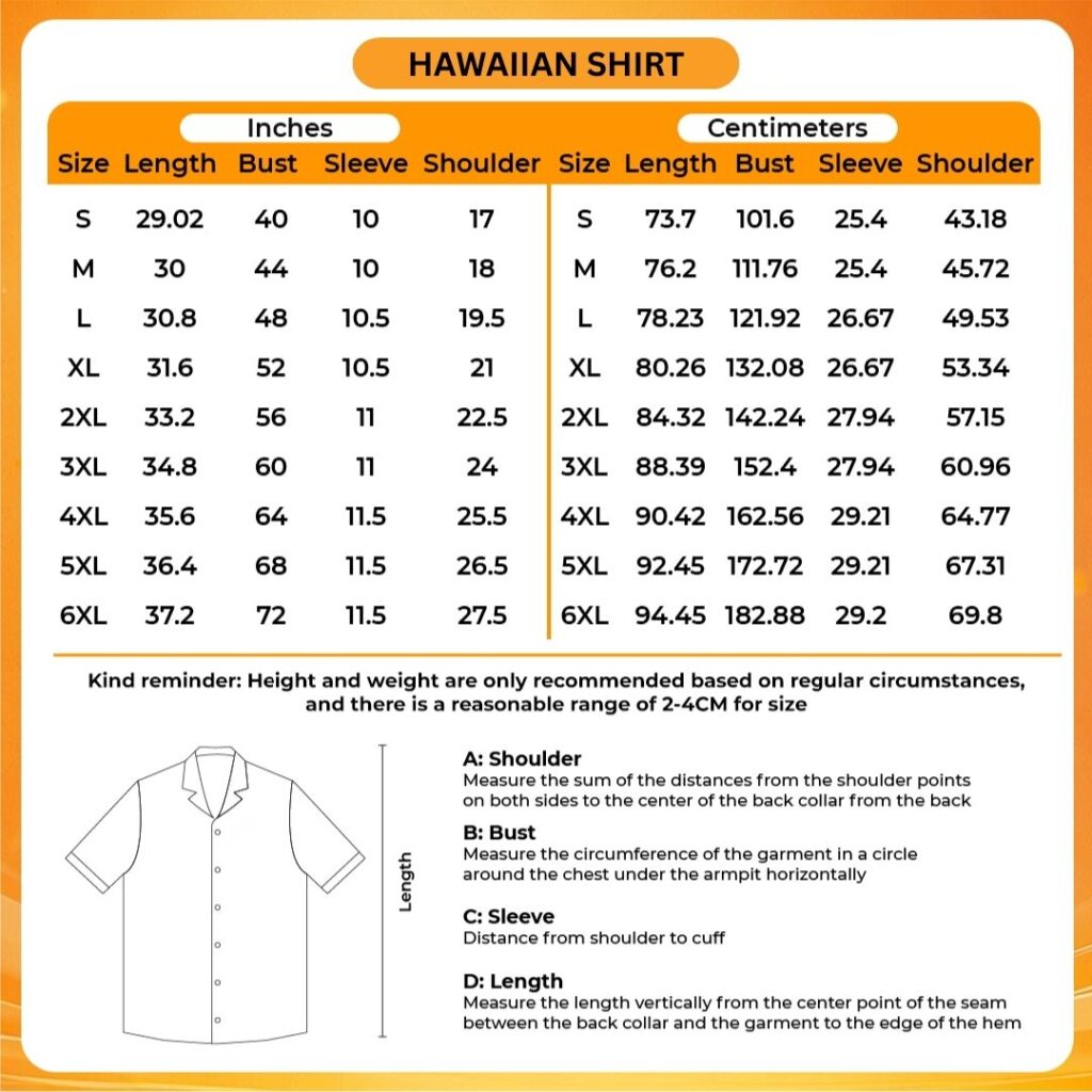 3D Hawaiian Shirt Size Chart - Dragon Ball EU Store