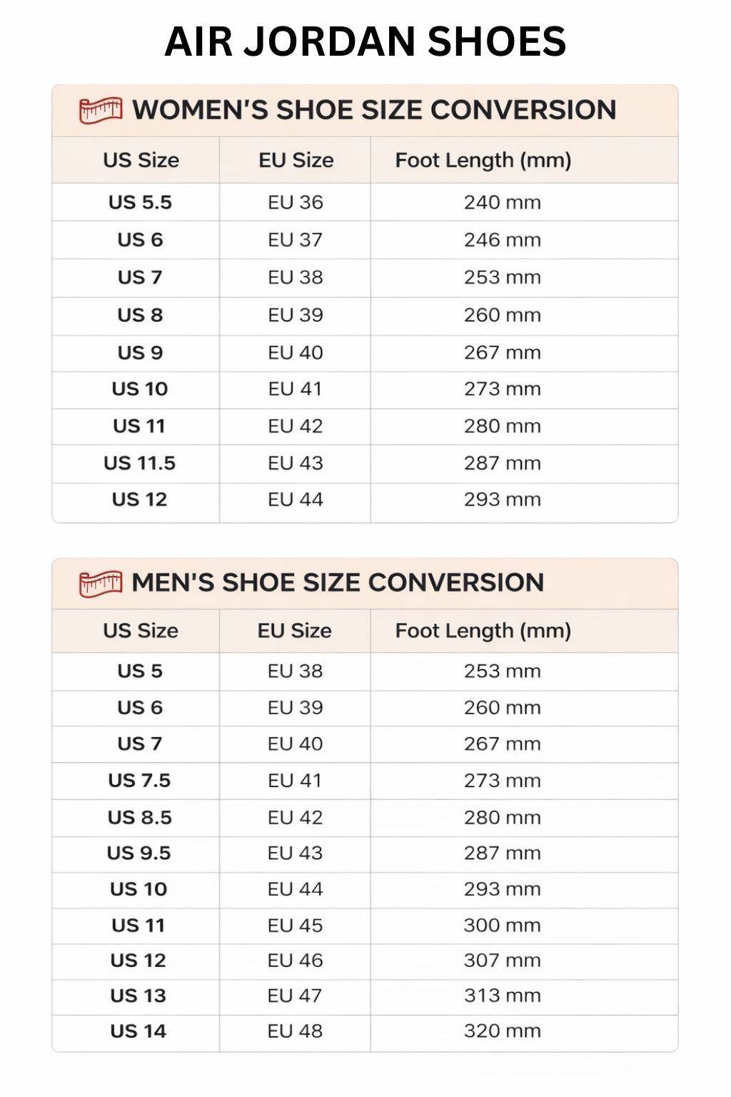 Air Jordan High Low Top Shoes Size Chart - Dragon Ball EU Store
